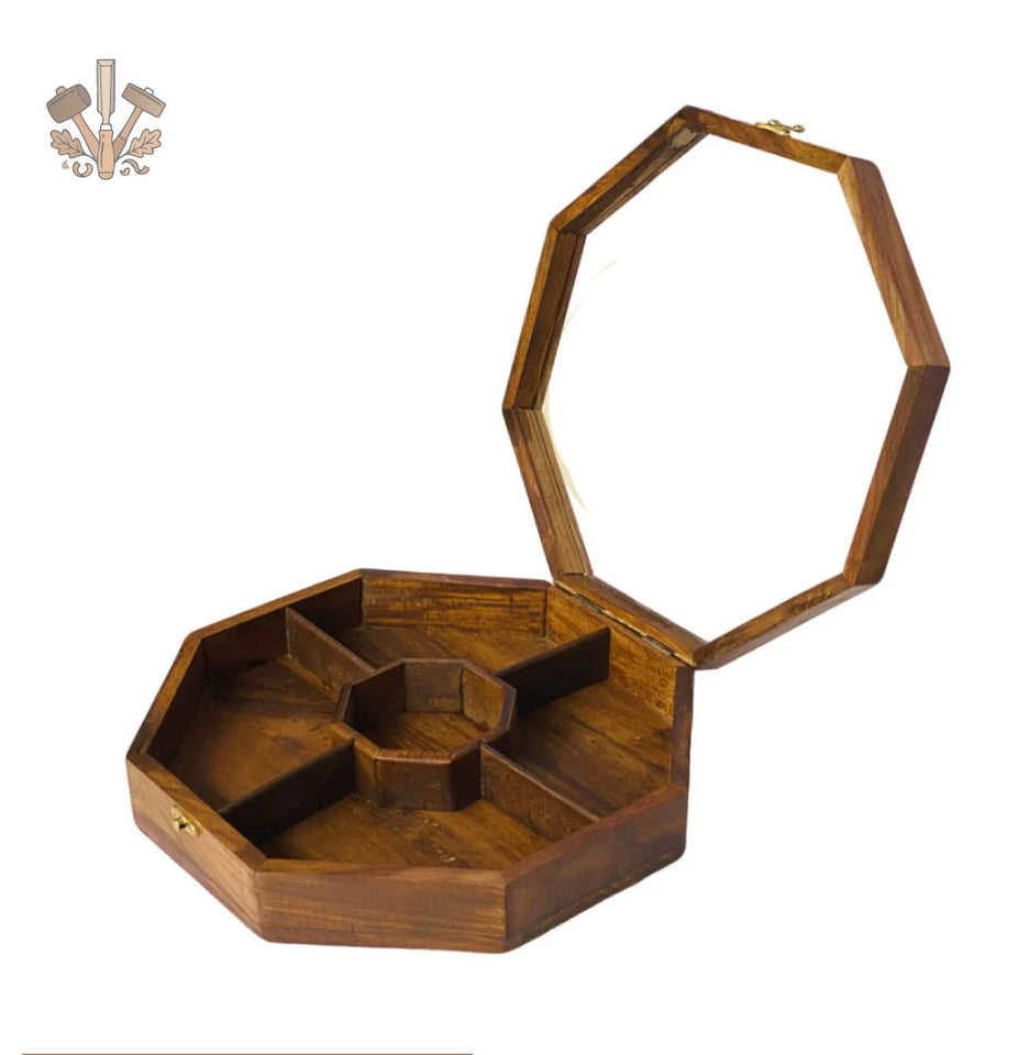 Handcrafted Sheesham Wood Dry Fruit Box with Glass Lid – Wooden Storage & Serving Box