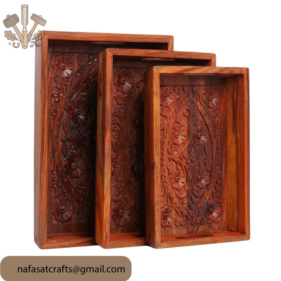 Hand-Carved Wooden Serving Tray Set of 3 – Pure Wood Kitchen & Dining Serving Trays