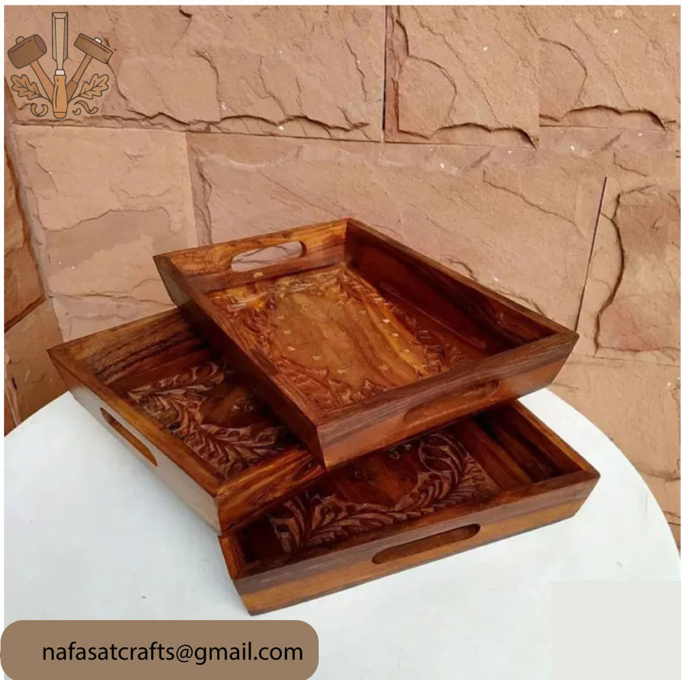 Hand-Carved Wooden Serving Tray Set of 3 – Pure Wood Kitchen & Dining Serving Trays