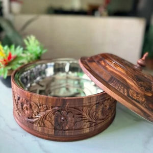 Handcrafted Wooden Roti Hotpot with Brass Work & Steel Bowl – Traditional Chapati Storage Box
