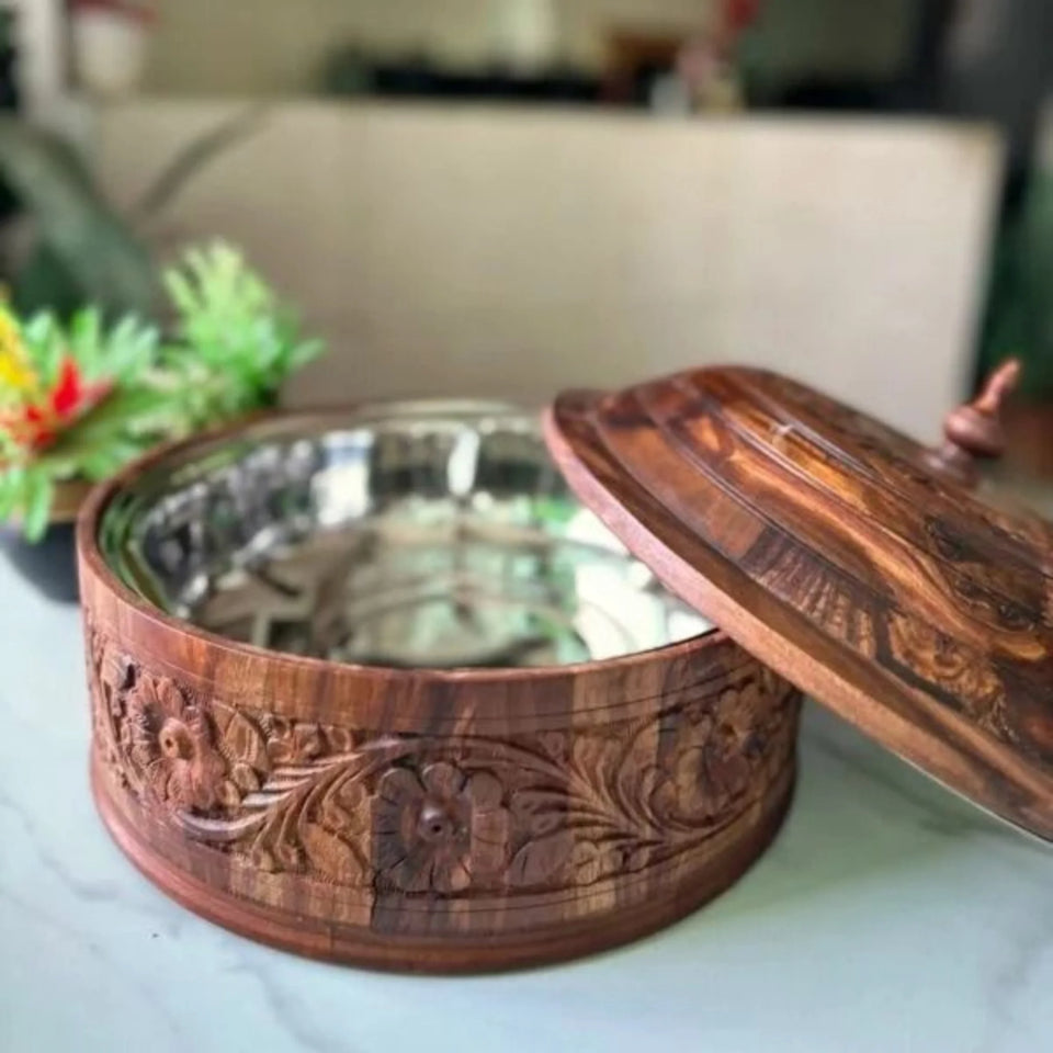 Handcrafted Wooden Roti Hotpot with Brass Work & Steel Bowl – Traditional Chapati Storage Box