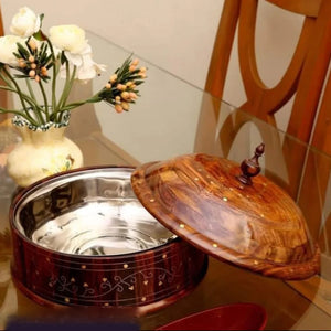 Handcrafted Wooden Roti Hotpot with Brass Work & Steel Bowl – Traditional Chapati Storage Box