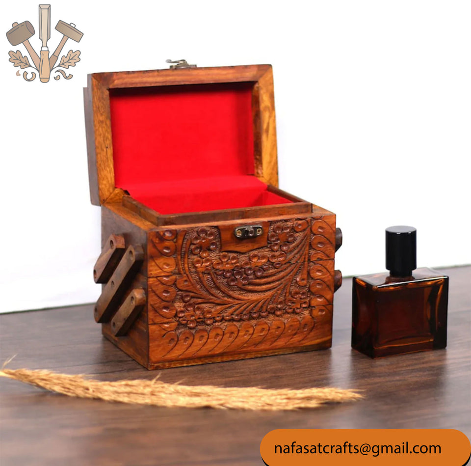 3-Step Kashmiri Carving Wooden Jewelry Box – Handcrafted Wooden Jewelry Storage Organizer