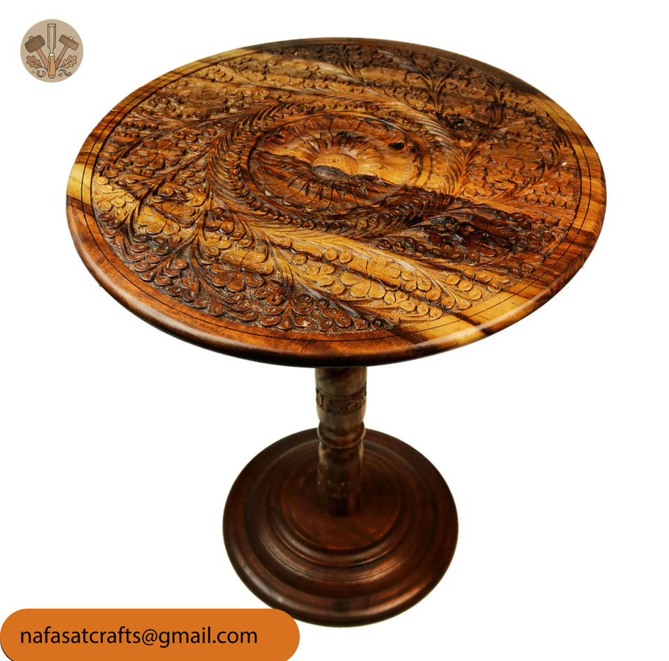 Hand-Carved Sheesham Wood Round Coffee Table – Handmade Wooden Living Room Table