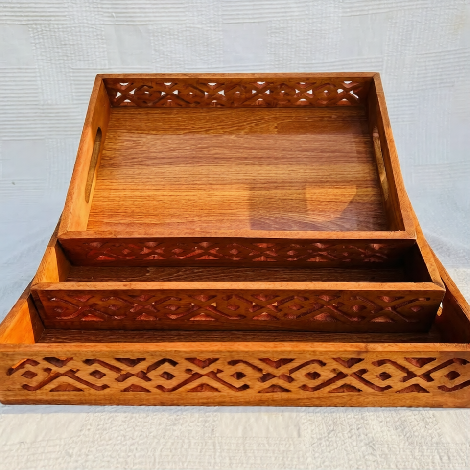 Lightweight Handcrafted Wooden Serving Tray Set of 3 – MDF Base Kitchen & Dining Serving Trays