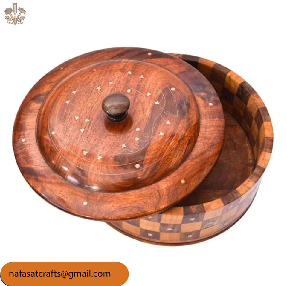 Handcrafted Wooden Roti Hotpot with Brass Work – Traditional Chapati Storage Box (No Steel Bowl)