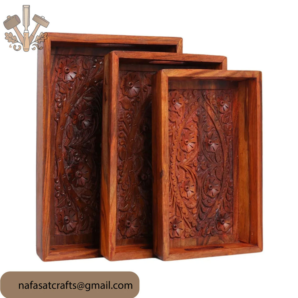 Hand-Carved Wooden Serving Tray Set of 3 – Pure Wood Kitchen & Dining Serving Trays