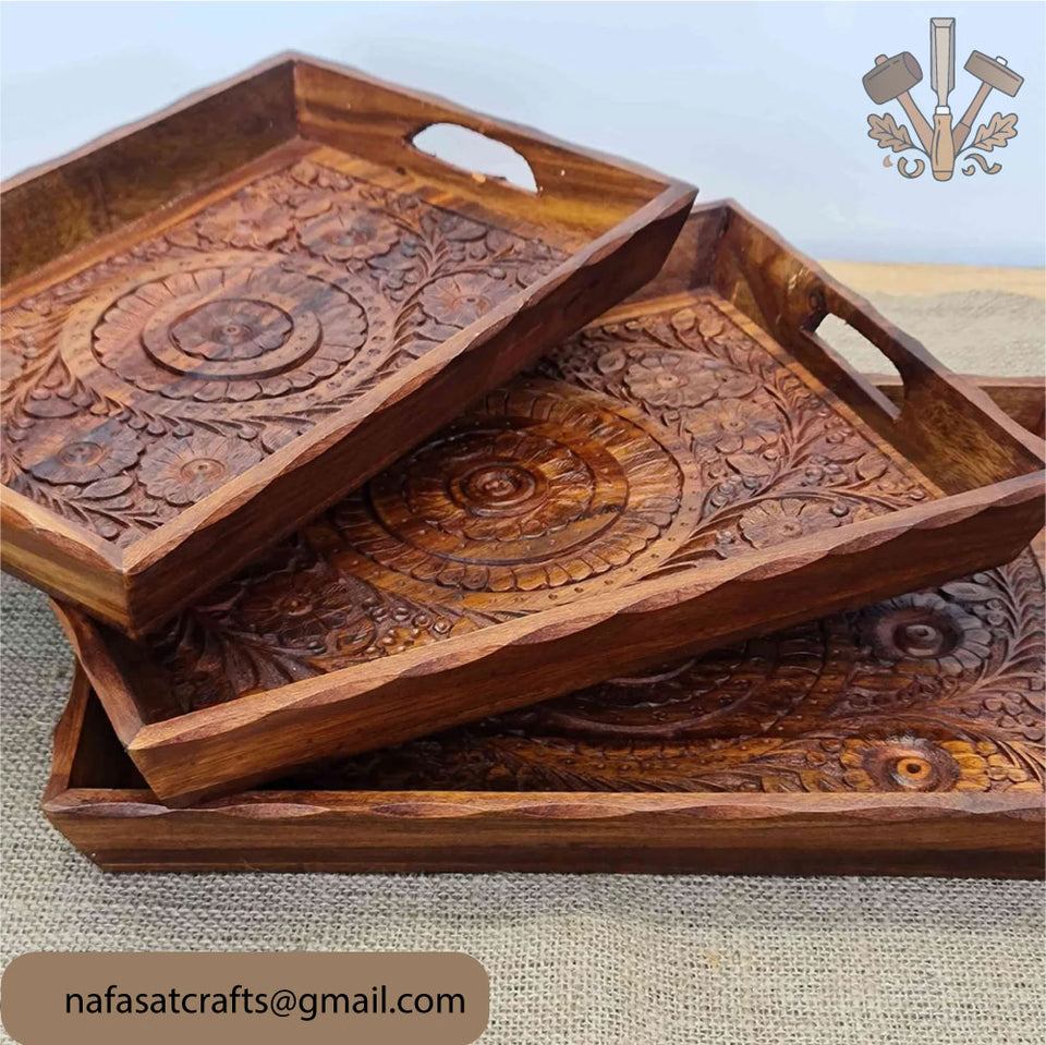 Hand-Carved Wooden Serving Tray Set of 3 – Pure Wood Kitchen & Dining Serving Trays