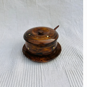 Antique Handcrafted Wooden Sugar Dan with Brass Work – Premium Decorative Wooden Sugar Pot for Kitchen & Dining