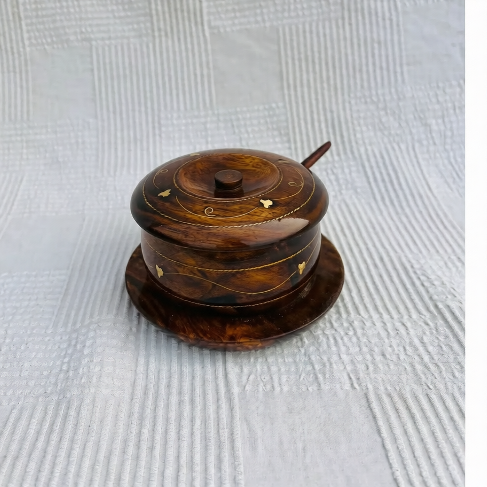 Antique Handcrafted Wooden Sugar Dan with Brass Work – Premium Decorative Wooden Sugar Pot for Kitchen & Dining