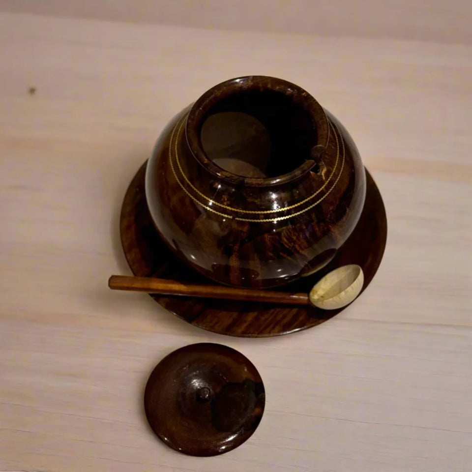 Handcrafted Wooden Sugar Pot with Brass Work – Traditional Sugar Bowl for Kitchen & Dining Table Decor