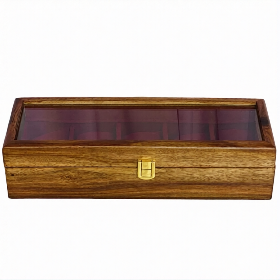 Handcrafted Wooden Watch Box for 5 Watches – Glass Top Display Case with Red Velvet Interior | Luxury Watch Organizer