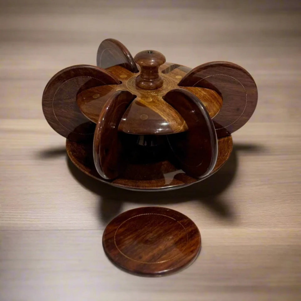 Handcrafted Wooden Tea Mat Set with Brass Work – Traditional Coasters for Tea & Table Decor