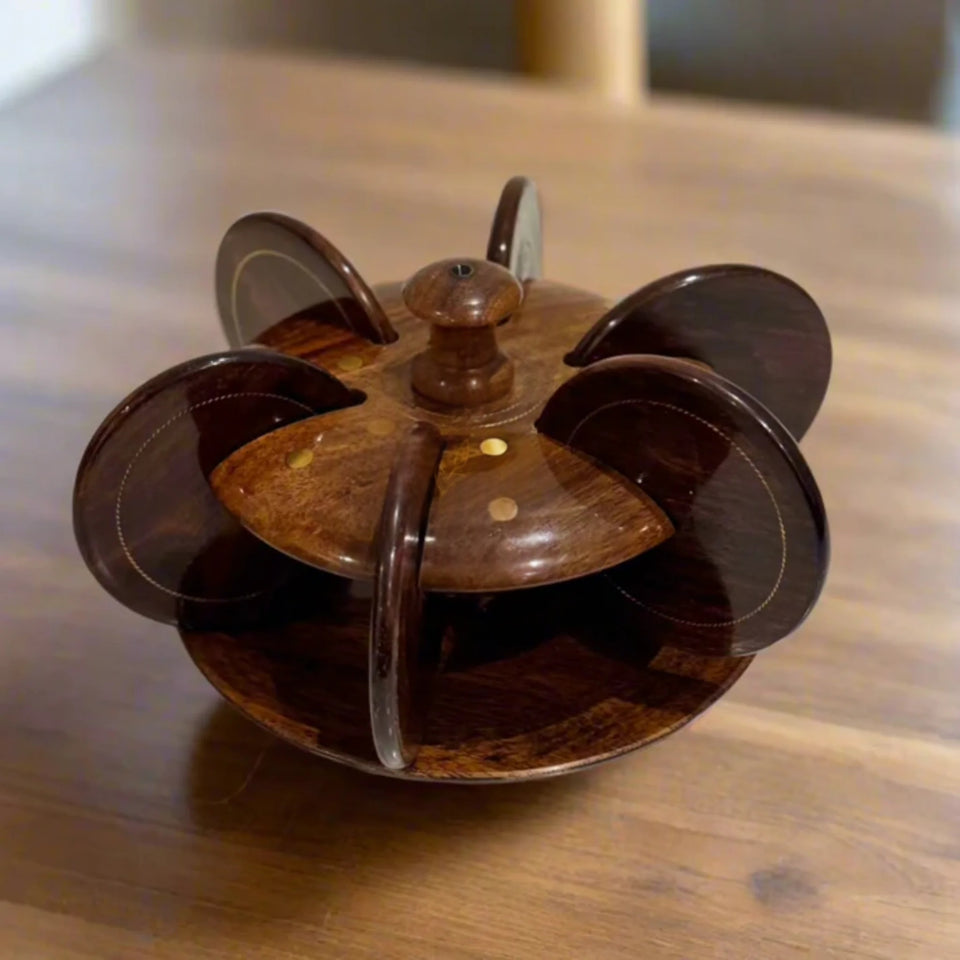 Handcrafted Wooden Tea Mat Set with Brass Work – Traditional Wooden Coasters & Table Decor Set