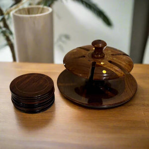 Handcrafted Wooden Tea Mat Set with Brass Work – Traditional Wooden Coasters & Table Decor Set