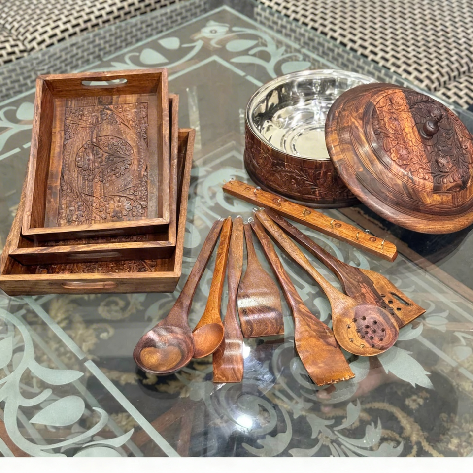 Deal 7 – Carved Wooden Tray Set, Carved Wooden Hotpot with Steel Bowl & 8-Piece Wooden Spoon Set