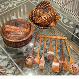 Deal 8 – Carved Wooden Hotpot with Steel Bowl, Fruit Basket Set of 3 & 8-Piece Wooden Cooking Spoon Set