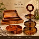 Deal 9 -Handcrafted Wooden Hotpot, Lightweight Tray Set ( MDF  Base) & 3-Tier Cake Stand