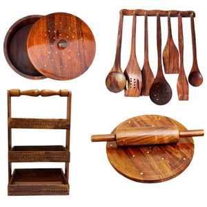 Deal 6 – Premium Wooden Hotpot, Chakla Belan, Spoon Stand & 8-Piece Wooden Spoon Set | Kitchen Combo