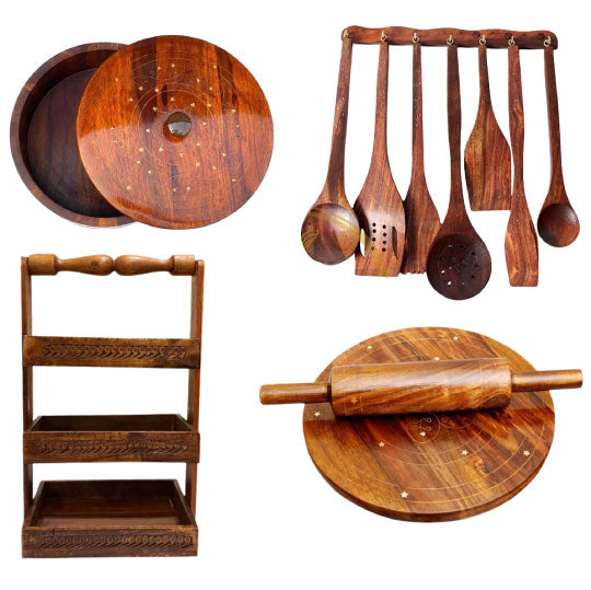 Deal 6 – Premium Wooden Hotpot, Chakla Belan, Spoon Stand & 8-Piece Wooden Spoon Set | Kitchen Combo