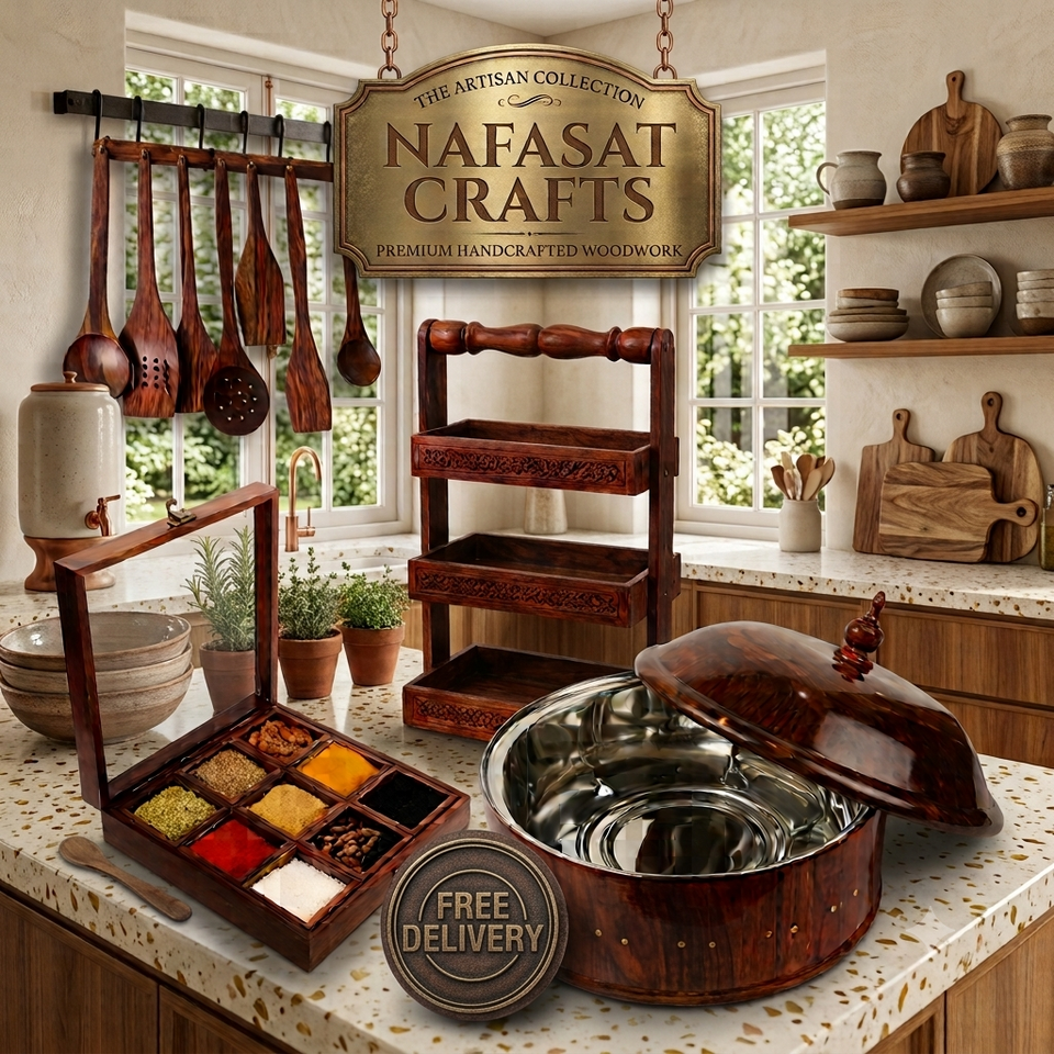 Kitchen Combo Deal 2 – Wooden Hotpot with Steel Bowl, Masala Box, Spoon Stand & 8-Piece Wooden Spoon Set