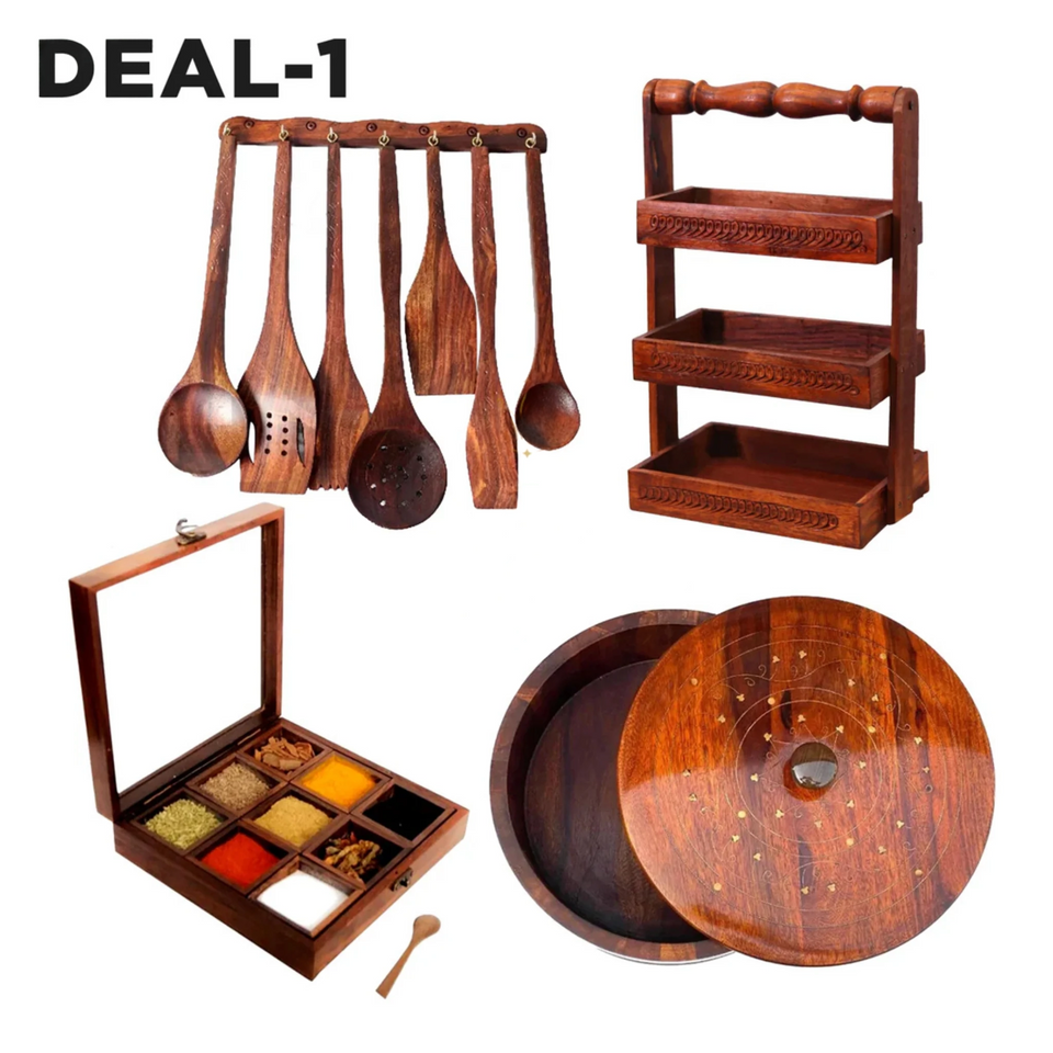 Kitchen Combo Deal 1 – Wooden Hotpot (without steel bowl), Masala Box, Spoon Stand & 8-Piece Spoon Set | Wooden Kitchen Organizer Set