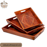 Hand-Carved Wooden Serving Tray Set of 3 – Pure Wood Kitchen & Dining Serving Trays