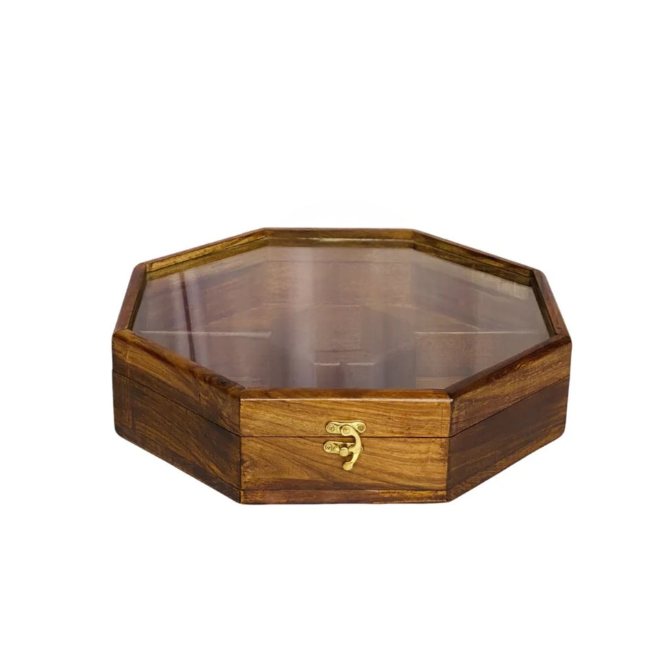 Handcrafted Sheesham Wood Dry Fruit Box with Glass Lid – Wooden Storage & Serving Box