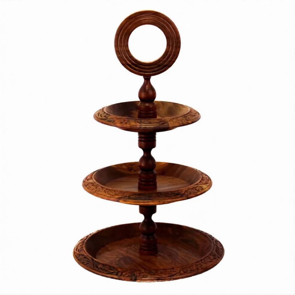 Handcrafted Sheesham Wood 3-Tiered Fruit & Cupcake Stand – Wooden Serving & Dessert Display Stand