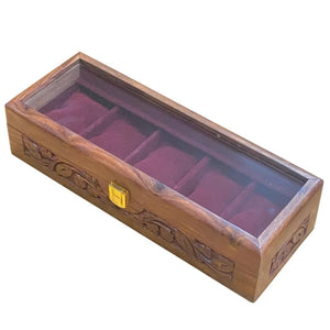 Handcrafted Carved Wooden Watch Box – 5 Slot Watch Organizer with Glass Top & Red Velvet Interior