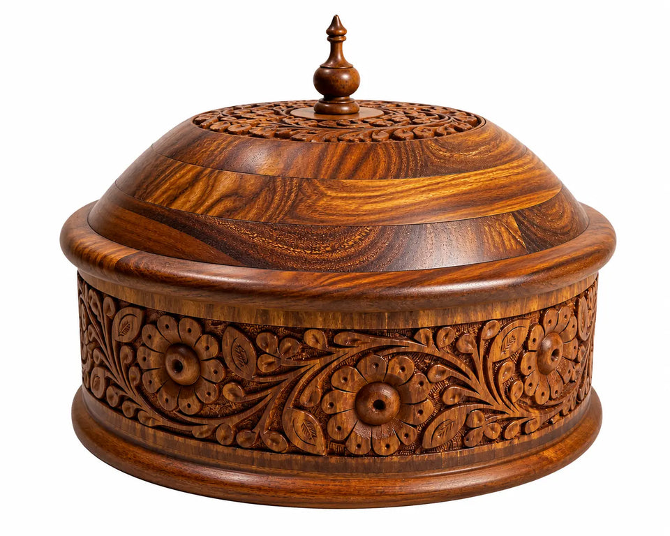 Nafasat Hand Carved Sheesham Wood Roti Hotpot with Steel Bowl