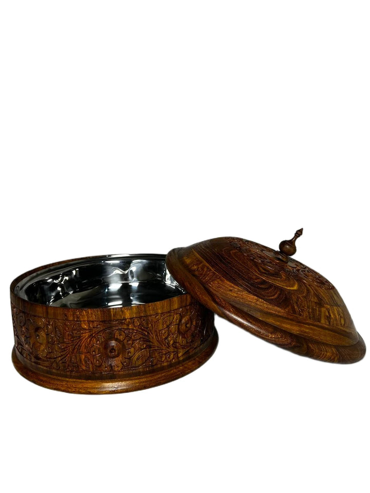 Nafasat Hand Carved Sheesham Wood Roti Hotpot with Steel Bowl
