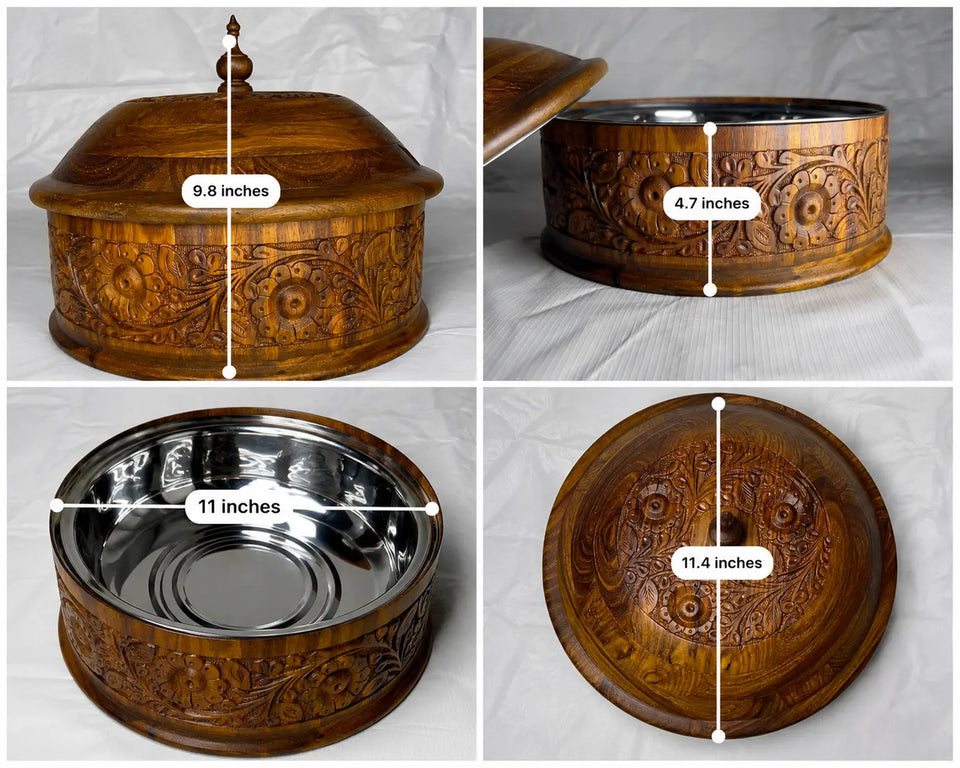 Nafasat Hand Carved Sheesham Wood Roti Hotpot with Steel Bowl