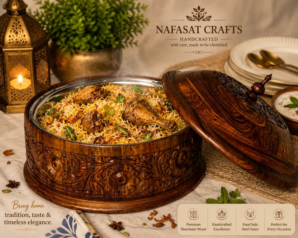 Nafasat Hand Carved Sheesham Wood Roti Hotpot with Steel Bowl