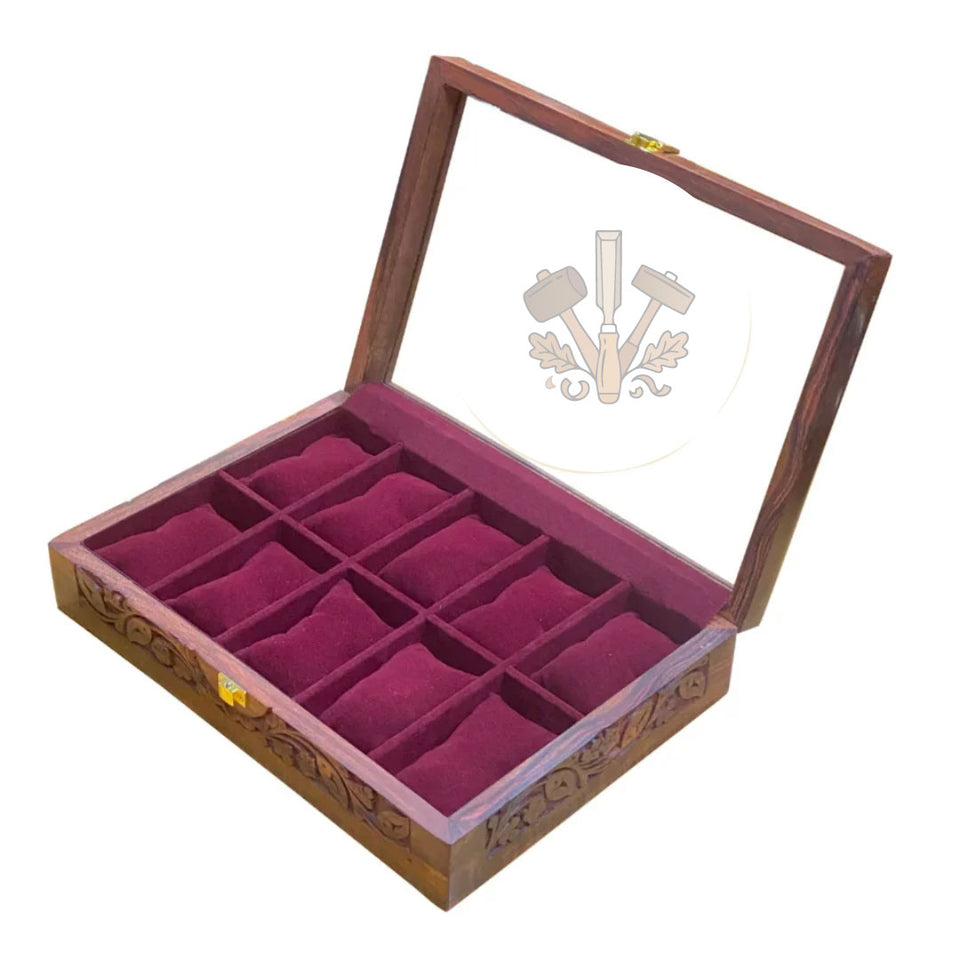 Handcrafted Carved Wooden Watch Box – 10 Slot Watch Organizer with Glass Display Top & Red Velvet Interior