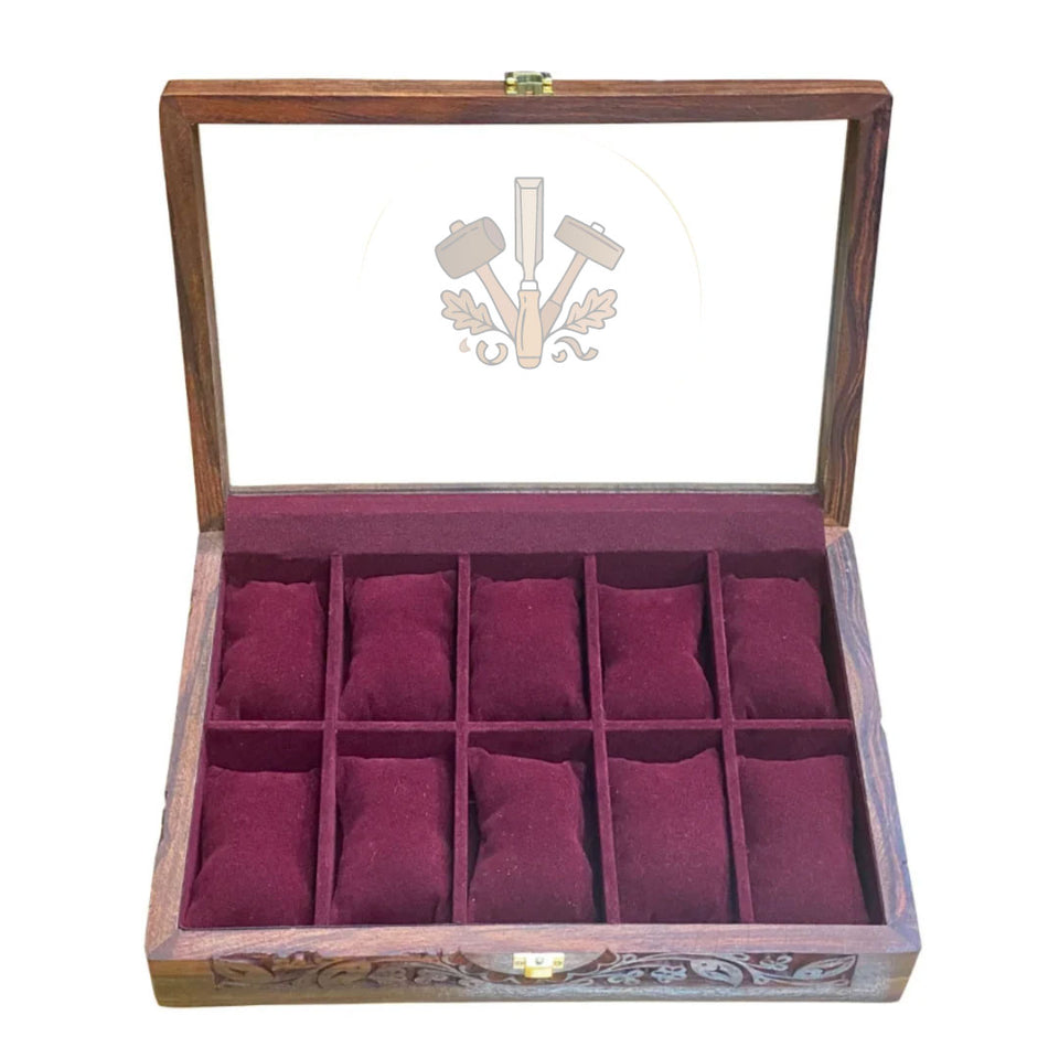 Handcrafted Carved Wooden Watch Box – 10 Slot Watch Organizer with Glass Display Top & Red Velvet Interior