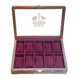 Handcrafted Carved Wooden Watch Box – 10 Slot Watch Organizer with Glass Display Top & Red Velvet Interior