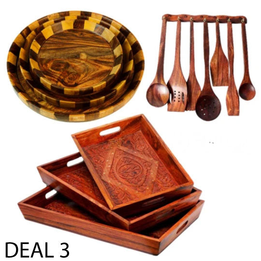 Wooden Kitchen Combo Deal 3 – Tray Set of 3, Wooden Plates & 8-Piece Cooking Spoon Set