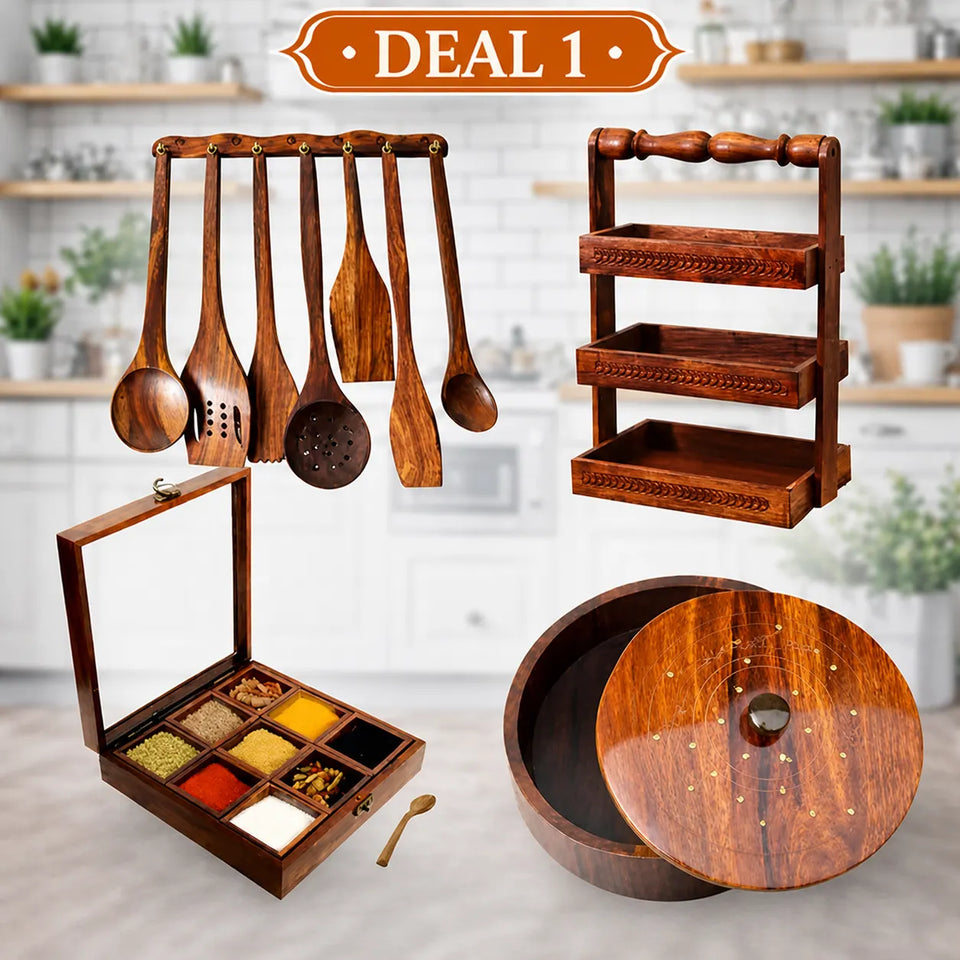 Kitchen Combo Deal 1 – Wooden Hotpot (without steel bowl), Masala Box, Spoon Stand & 8-Piece Spoon Set | Wooden Kitchen Organizer Set