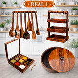 Kitchen Combo Deal 1 – Wooden Hotpot (without steel bowl), Masala Box, Spoon Stand & 8-Piece Spoon Set | Wooden Kitchen Organizer Set