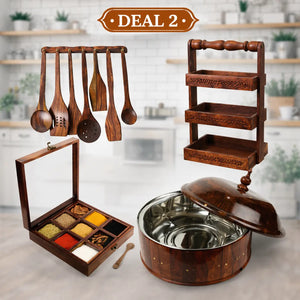 Kitchen Combo Deal 2 – Wooden Hotpot with Steel Bowl, Masala Box, Spoon Stand & 8-Piece Wooden Spoon Set