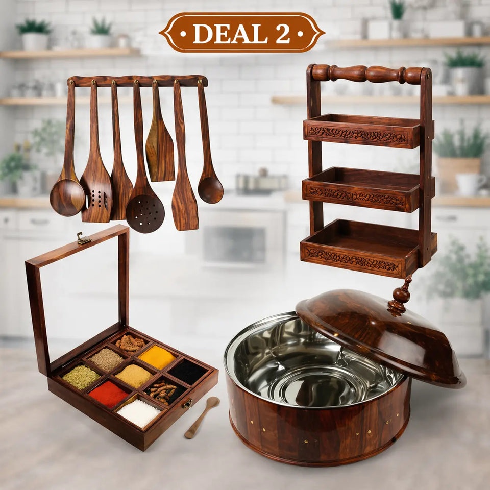 Kitchen Combo Deal 2 – Wooden Hotpot with Steel Bowl, Masala Box, Spoon Stand & 8-Piece Wooden Spoon Set