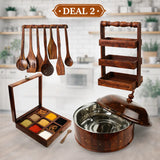 Kitchen Combo Deal 2 – Wooden Hotpot with Steel Bowl, Masala Box, Spoon Stand & 8-Piece Wooden Spoon Set