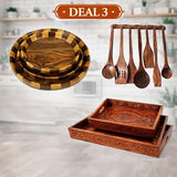 Wooden Kitchen Combo Deal 3 – Tray Set of 3, Wooden Plates & 8-Piece Cooking Spoon Set