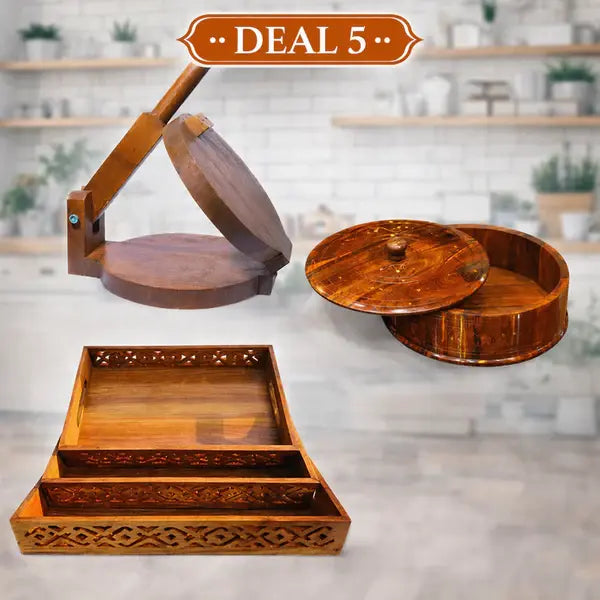 Wooden Kitchen Combo Deal 5 – Handcrafted Hotpot, Tray Set of 3 & Wooden Roti Maker