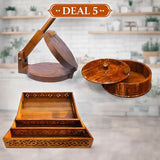 Wooden Kitchen Combo Deal 5 – Handcrafted Hotpot, Tray Set of 3 & Wooden Roti Maker