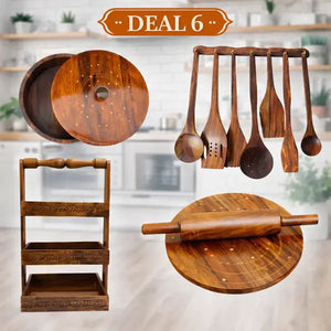 Deal 6 – Premium Wooden Hotpot, Chakla Belan, Spoon Stand & 8-Piece Wooden Spoon Set | Kitchen Combo