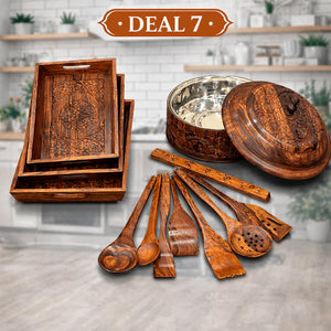 Deal 7 – Carved Wooden Tray Set, Carved Wooden Hotpot with Steel Bowl & 8-Piece Wooden Spoon Set