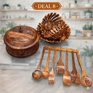 Deal 8 – Carved Wooden Hotpot with Steel Bowl, Fruit Basket Set of 3 & 8-Piece Wooden Cooking Spoon Set