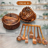 Deal 8 – Carved Wooden Hotpot with Steel Bowl, Fruit Basket Set of 3 & 8-Piece Wooden Cooking Spoon Set